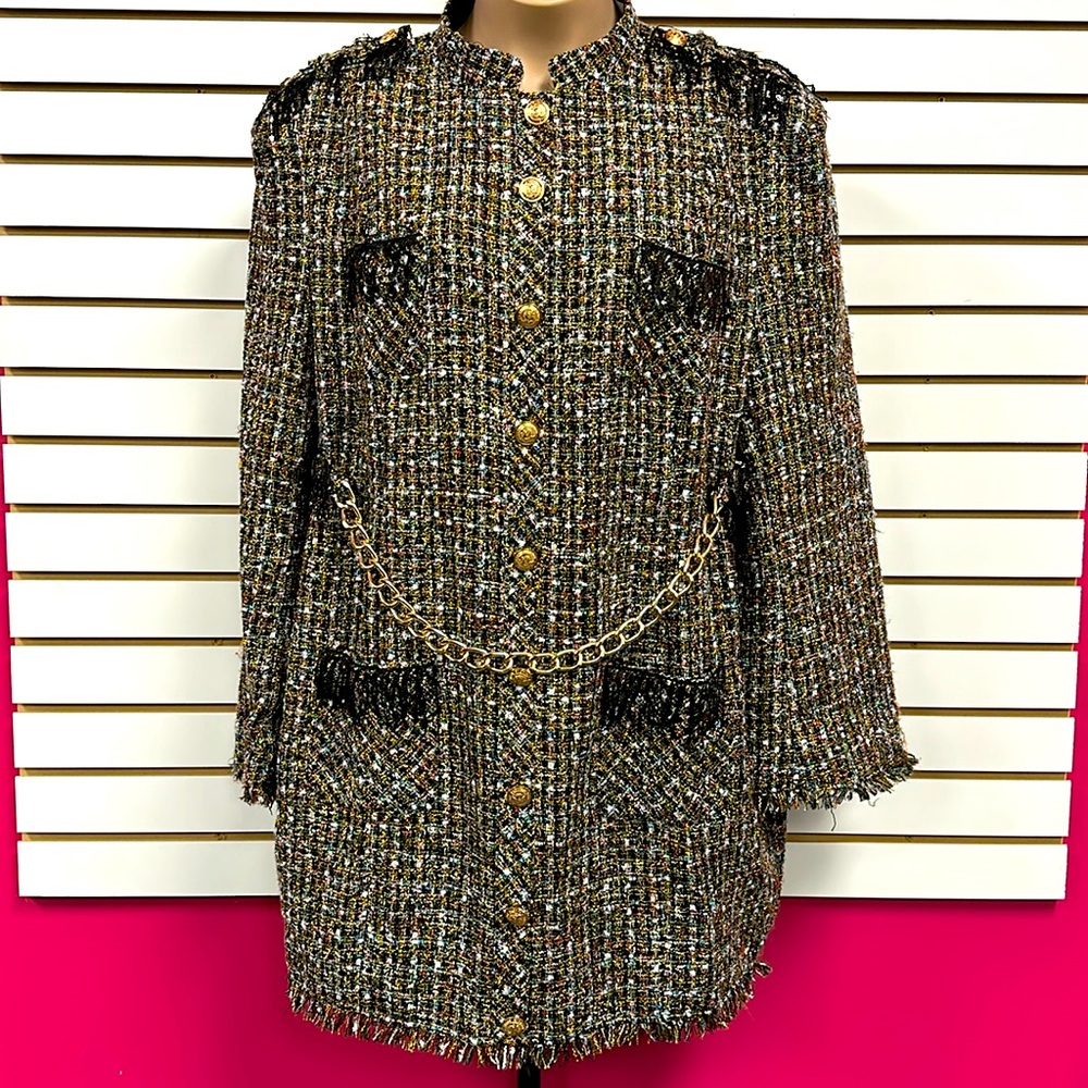 Sante Grace Black/Multi Tweed “Military-style” Dress with chain belt 🖤🪖